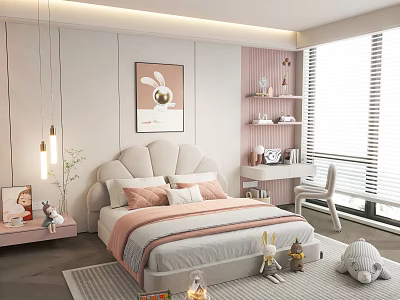 Kids Bedroom Interior Design With Pink Bedding Rabbit Wall Art Study Desk And Plush Toys 3d model