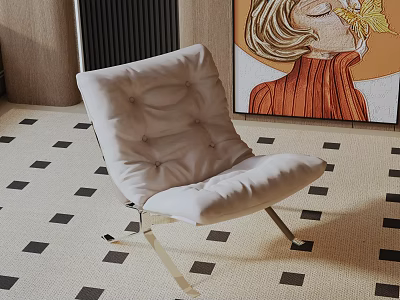 Modern White Padded Accent Chair with Metal Legs on Black and White Checkered Rug 3d model