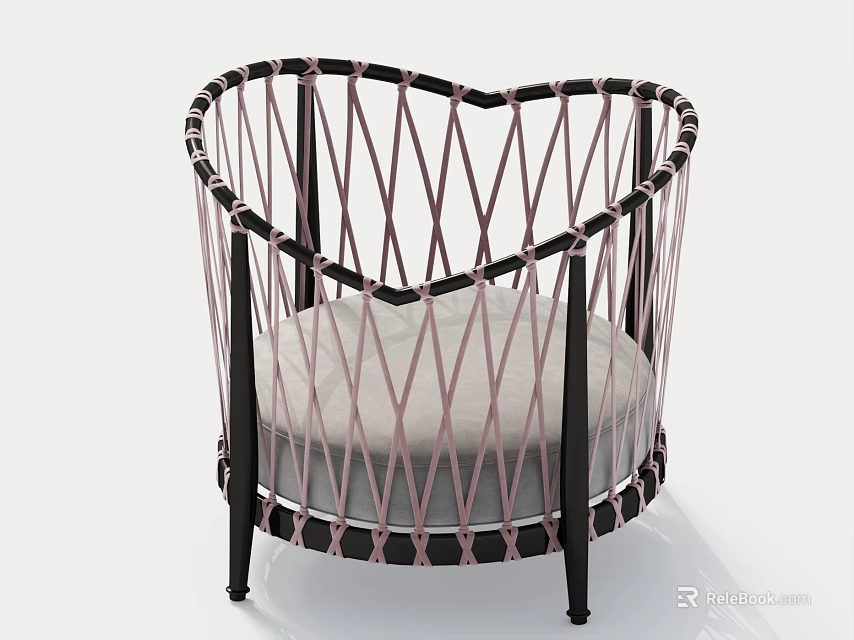 Heart Shaped Accent Chair With Black Frame Pink Woven Details And Light Cushion 3d model 