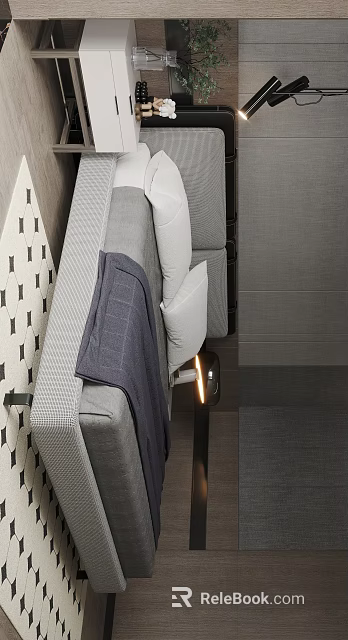 Modern Elegant Gray Double Bed With Pillows Throw Blanket And Nightstand Lamp 3d model 