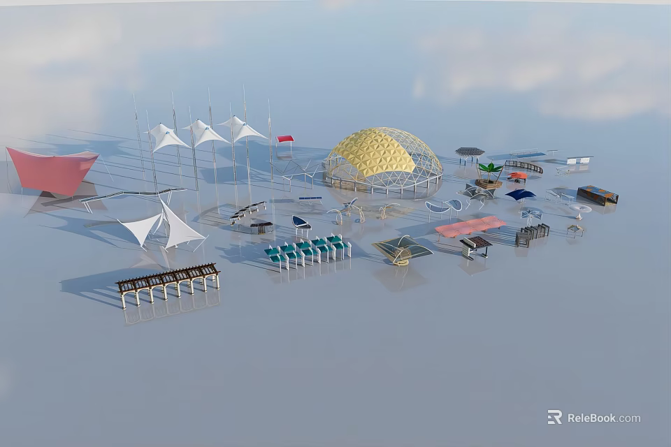 Tensile Membrane Structures With White Canopies And Dome Architectural Design 3d model