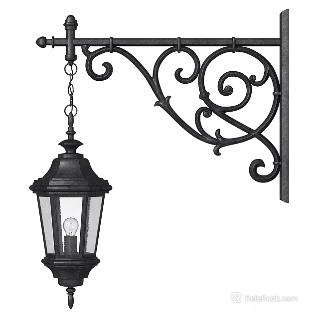 Black Outdoor Light with Wrought Iron Bracket Glass Shade and Decorative Scroll Design for Exterior 3d model 