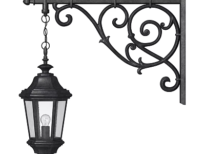 Black Outdoor Light with Wrought Iron Bracket Glass Shade and Decorative Scroll Design for Exterior 3d model