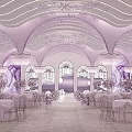 Lavender And White Decorated Banquet Hall With Arched Doorways Chandeliers And Floral Arrangements