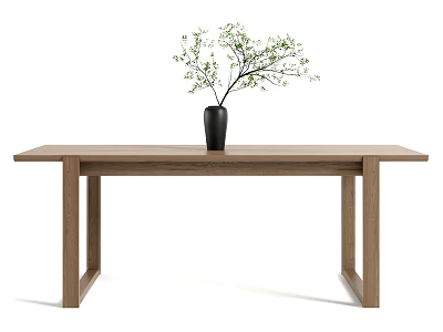 Wooden Dining Table with Black Vase and Green Branches Minimalist Design 3d model