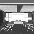 Modern Conference Room Interior Design With Long Tables Chairs Glass Partitions And Ceiling Light Strips