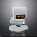 White Robot Character with Yellow Eyes Seated on Modern Chair Base Design