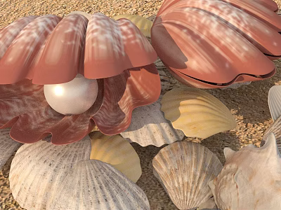 Aquatic Shellfish With Open Pink Shell Holding Pearl Surrounded By Shells On Sandy Ground 3d model