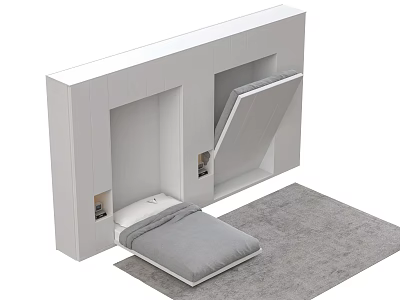 Functional White Wall Mounted Hidden Bed Cabinet With Gray Mattress And Rug 3d model