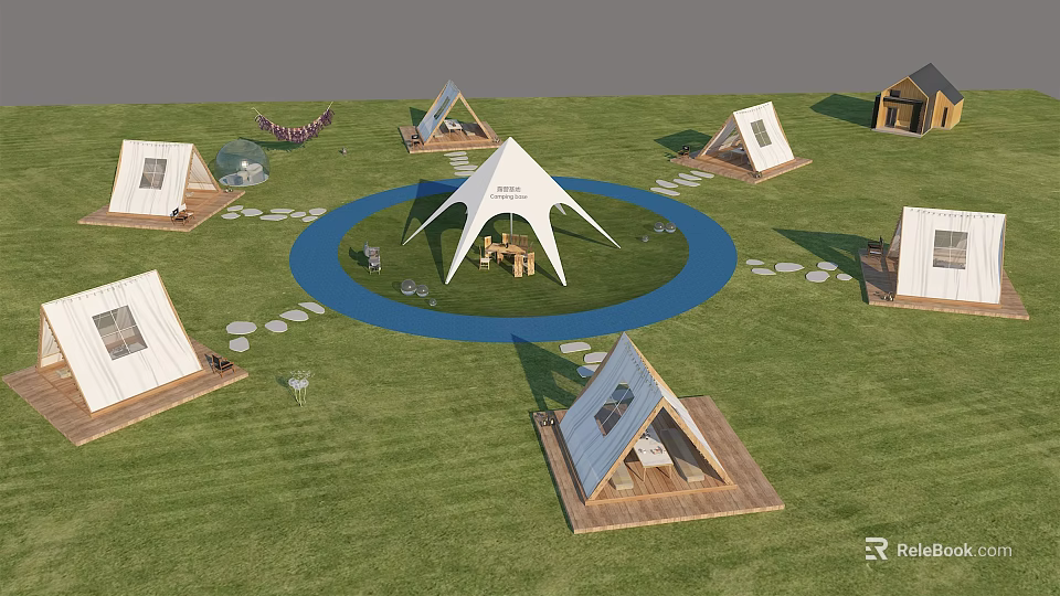 Garden Landscape with Triangular Tents Central Large Tent Blue Circular Path and Stone Paths 3d model