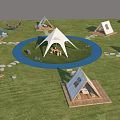 Garden Landscape with Triangular Tents Central Large Tent Blue Circular Path and Stone Paths 3d model