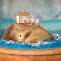 Elegant Decorative Ornament Set With Glass Dome Wooden Base And Blue White Cloudy Fabric Background