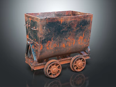 Rusted Vintage Mine Cart With Spoked Wheels On Dark Reflective Surface 3d model