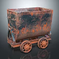 Rusted Vintage Mine Cart With Spoked Wheels On Dark Reflective Surface