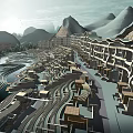 Aerial Planning of Mountainous Residential Community with Water Features Greenery and Buildings