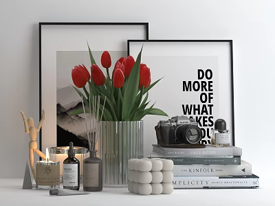 Decorative Ornament Set With Black Framed Art Red Tulips Vintage Camera Stacked Books And Candles 3d model