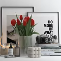 Decorative Ornament Set With Black Framed Art Red Tulips Vintage Camera Stacked Books And Candles