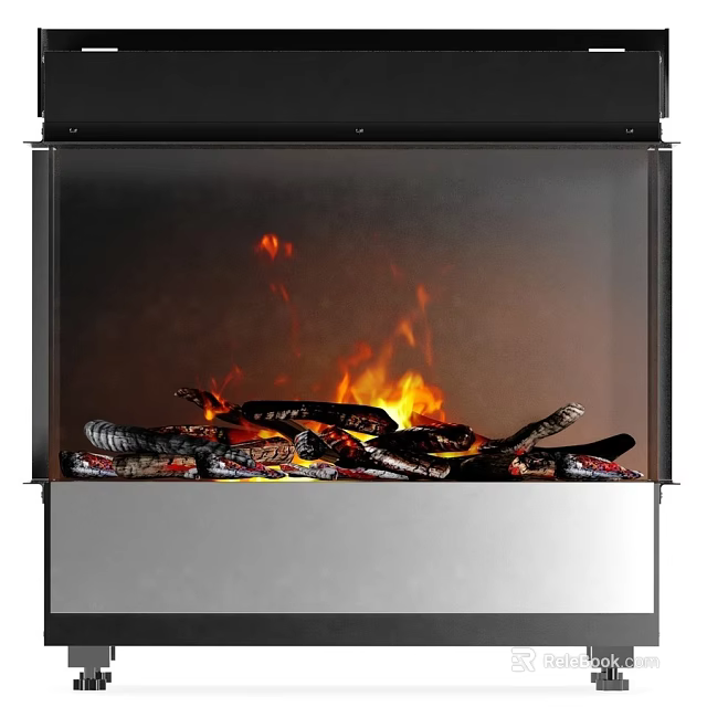 Modern Fireplace With Burning Flames And Logs In Metal Frame Design 3d model 