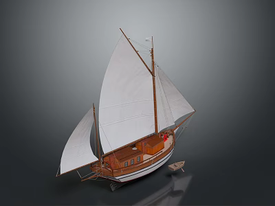 Detailed Wooden Sailboat Model With White Sails And Classic Hull Design 3d model