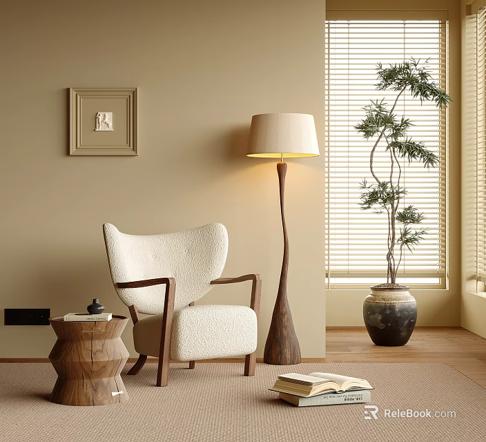Light Beige Upholstered Leisure Chair with Wooden Frame Floor Lamp and Potted Plant 3d model 