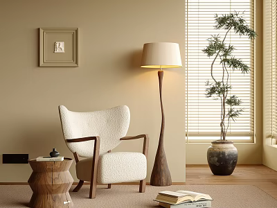 Light Beige Upholstered Leisure Chair with Wooden Frame Floor Lamp and Potted Plant 3d model