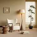 Light Beige Upholstered Leisure Chair with Wooden Frame Floor Lamp and Potted Plant