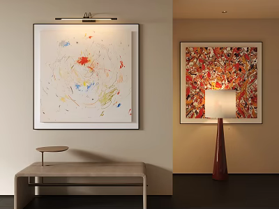 Colorful Abstract Oil Paintings as Wall Art in Modern Interior with Floor Lamp and Bench 3d model