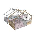 House Shaped Frame Wooden Kids Bed With Pink Gray Bedding Pillows And Storage Drawers