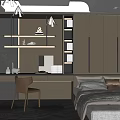 Tatami Bedroom Interior With Wooden Cabinets Desk Chair Shelf And Modern Rug