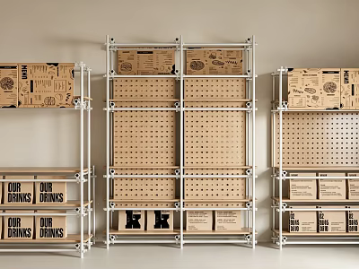Minimalist Industrial Metal Open Storage Racks With Pegboard Panels And Practical Cardboard Storage Boxes 3d model