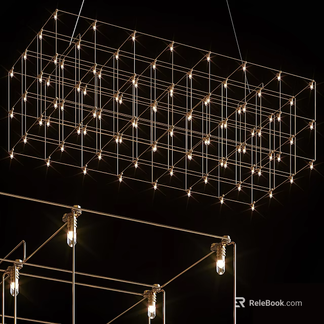 Modern Chandelier With Metal Frame Grid Design And Illuminated Small Lights 3d model 