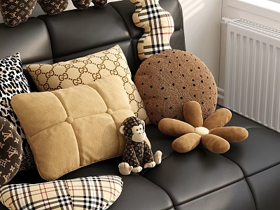 Decorative Sofa Pillows Featuring Plaid Patterned Design Flower Shaped Accent And Stuffed Monkey 3d model