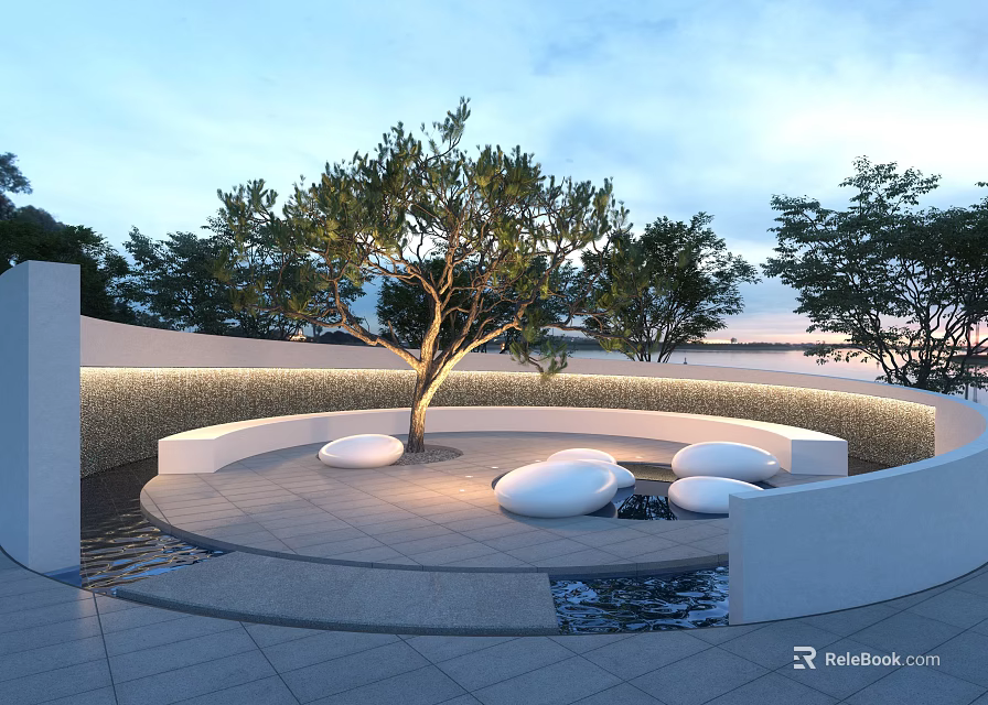 Tranquil Circular Garden Landscape with Central Tree Circular White Seats Stone Pavement and Surrounding Trees 3d model 