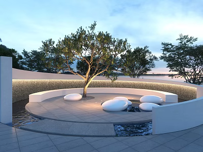 Tranquil Circular Garden Landscape with Central Tree Circular White Seats Stone Pavement and Surrounding Trees 3d model