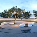Tranquil Circular Garden Landscape with Central Tree Circular White Seats Stone Pavement and Surrounding Trees