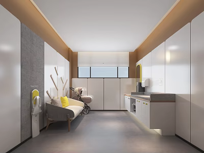 Modern Maternity Room Interior With Sofa Baby Stroller And Cabinets 3d model