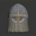 Medieval Historical Metal Helmet Featuring Golden Decorative Element And Chainmail Visor