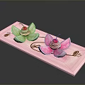 Pink Decorative Tray With Flower Shaped Ornaments Green Pink Petals And Cherry Accents