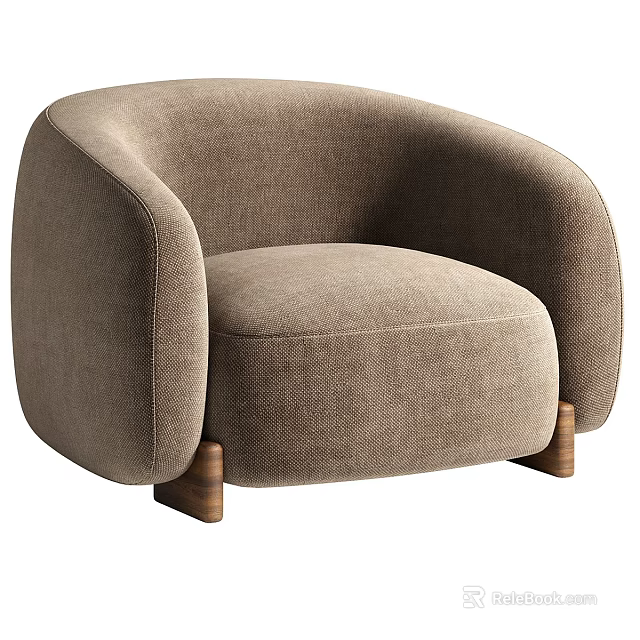 Modern Single Sofa With Brown Fabric Curved Armrests And Wooden Legs 3d model 