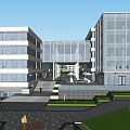 Modern Glass Office Complex With Pedestrians Greenery And Open Space 3d model