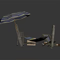Relaxing Outdoor Hammock Setup With Blue White Striped Umbrella And Deck Chairs