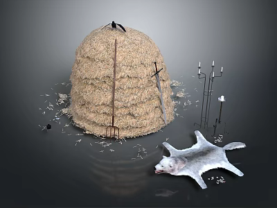Rural Landscape Featuring Haystack Pitchfork Candlesticks And Resting Animal With Scattered Hay 3d model