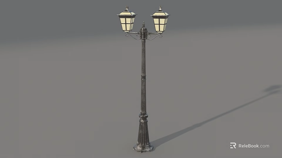 Vintage Style Public Street Lamp With Double Lanterns And Black Decorative Pole 3d model 