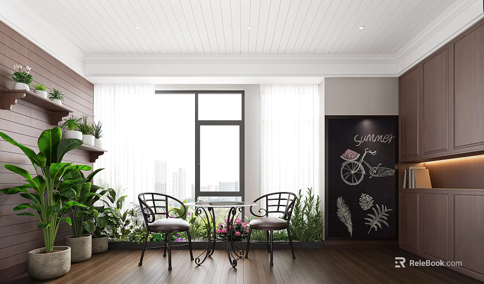 Cozy Home Balcony With Green Plants Two Chairs Small Table Blackboard And Wooden Floor 3d model 