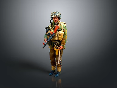 Man in Military Uniform Wearing Helmet Carrying Rifle Knife and Tactical Gear 3d model