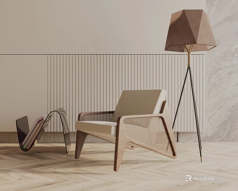 Modern Accent Chair With Wooden Frame And Beige Cushion Near Floor Lamp On Wooden Floor 3d model 