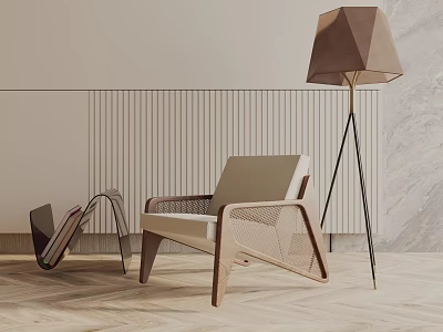 Modern Accent Chair With Wooden Frame And Beige Cushion Near Floor Lamp On Wooden Floor 3d model