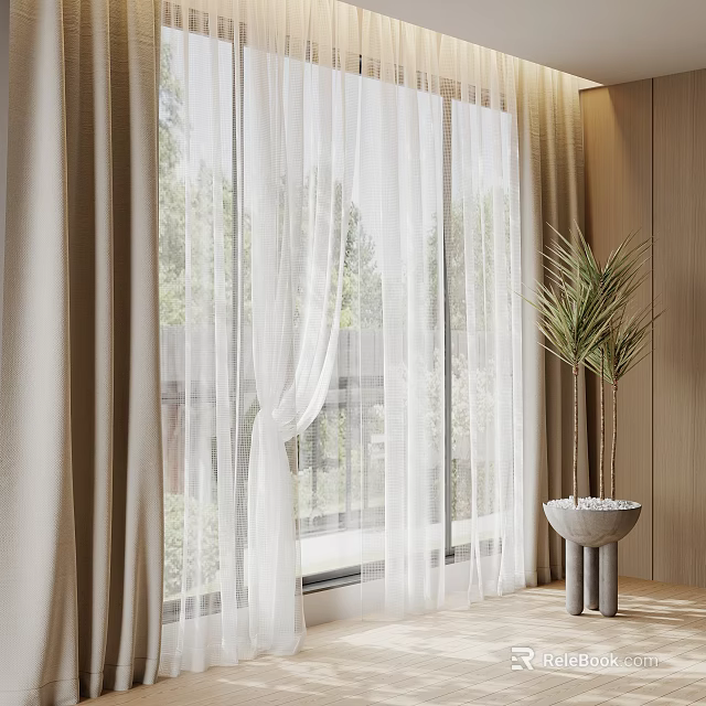 White Sheer Curtains With Beige Drapes For Indoor Window Decor With Green Plants 3d model 