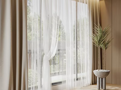 White Sheer Curtains With Beige Drapes For Indoor Window Decor With Green Plants 3d model