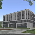 Modern Office Building Exterior Featuring Large Glass Windows And Landscaped Water Features